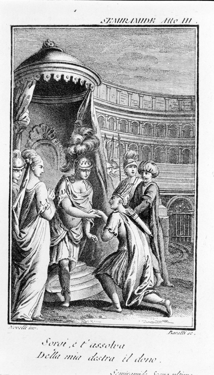 Illustration der Oper Sémiramis von Antonio Salieri (1750 - 1825). Libretto von Pierre Metastase (oder Pietro Metastasio). Akt III, letzte Szene von Unknown artist