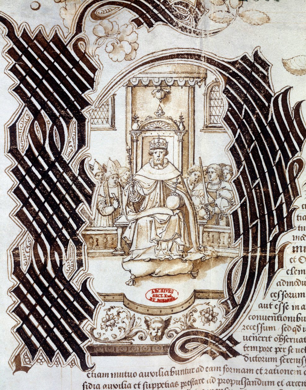 1522 unterzeichnete Karl V. mit König Heinrich VIII. von England (1491-1547) den Vertrag von Windsor, der eine Invasion Frankreichs vorsah. Miniatur aus einem Manuskript, das Heinrich VIII. darstellt. 1532 Paris, National Archives von Unknown artist