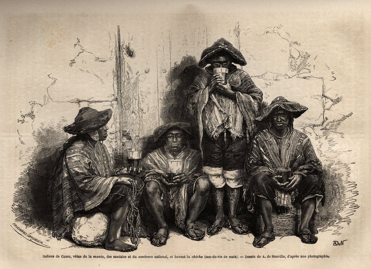 Inder aus Cuzco (Peru), gekleidet in Manta, Sandalen und traditionellem Sombrero, beschäftigt als Arbeiter für die Ausbeutung von Guano-Ablagerungen auf den Chincha-Inseln, trinken Shisha, aber fermentierten Brandy. Gravur zur Illustration Les iles Chincha von Unknown artist