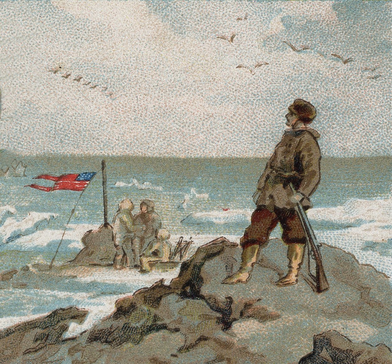 Isaac Israel Hayes (1832-1881) mit der amerikanischen Flagge an den Ufern des Polarmeers. Chromolithographie aus dem späten 19. Jahrhundert. von Unknown artist