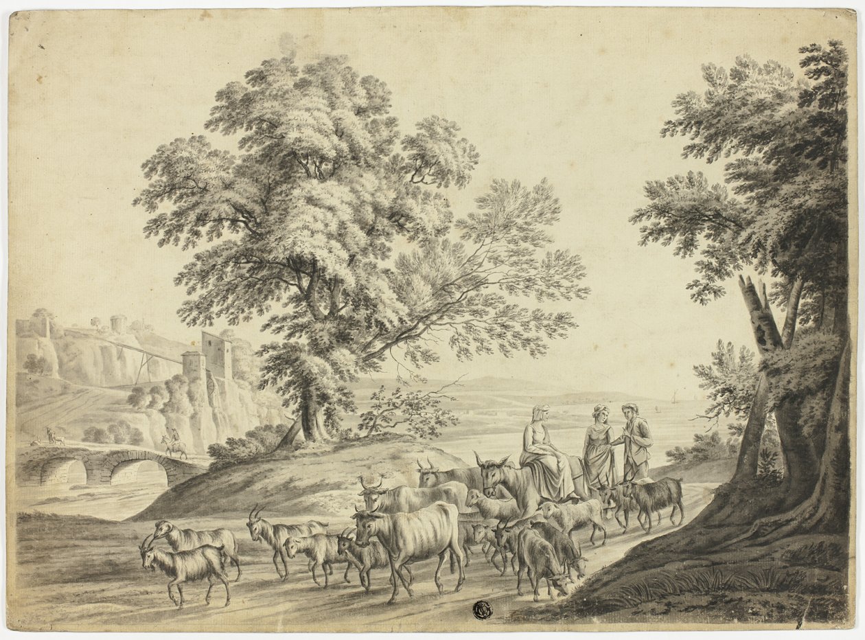 Italienische Landschaft mit Mann und zwei Frauen, die Rinder, Ziegen und Schafe hüten von Unknown artist