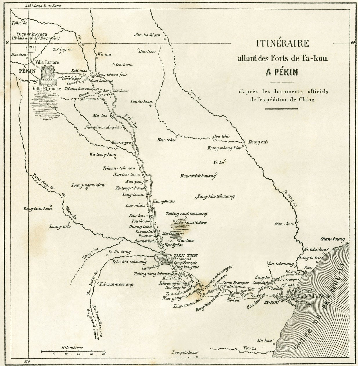 Reiseroute entlang des Hai He Flusses nahe Tien Tsin (Tien-Tsin, Tianjin) nach Peking (Beijing), China. Karte, in „Le Tour du Monde, Nouveau journal des Voyages“, herausgegeben von Edouard Charton, Paris von Unknown artist