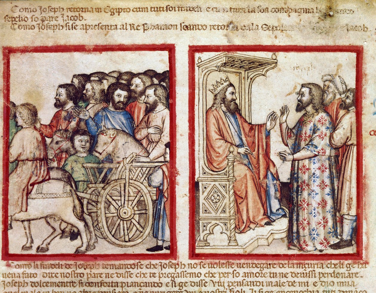 Joseph links bei der Beerdigung seines Vaters, danach geht er zum Pharao Miniatur aus Codex 212 (oder Padovano Codice oder Bibel von Padua) 1390-1400 Rovigo, Accademia dei Concordi von Unknown artist