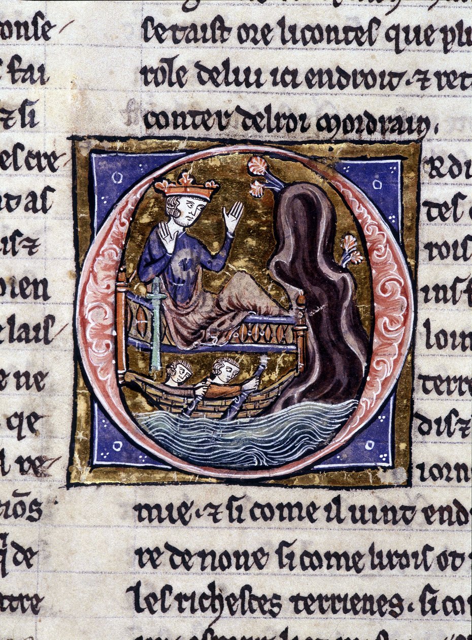 König Modreius. Manuskript: Eroberung des Heiligen Grals, geschrieben 717 Jahre nach der Passion unseres Herrn. Bibliothèque municipale de Rennes, ms. 255 (Sammlung von Romanen der Tafelrunde); Paris von Unknown artist