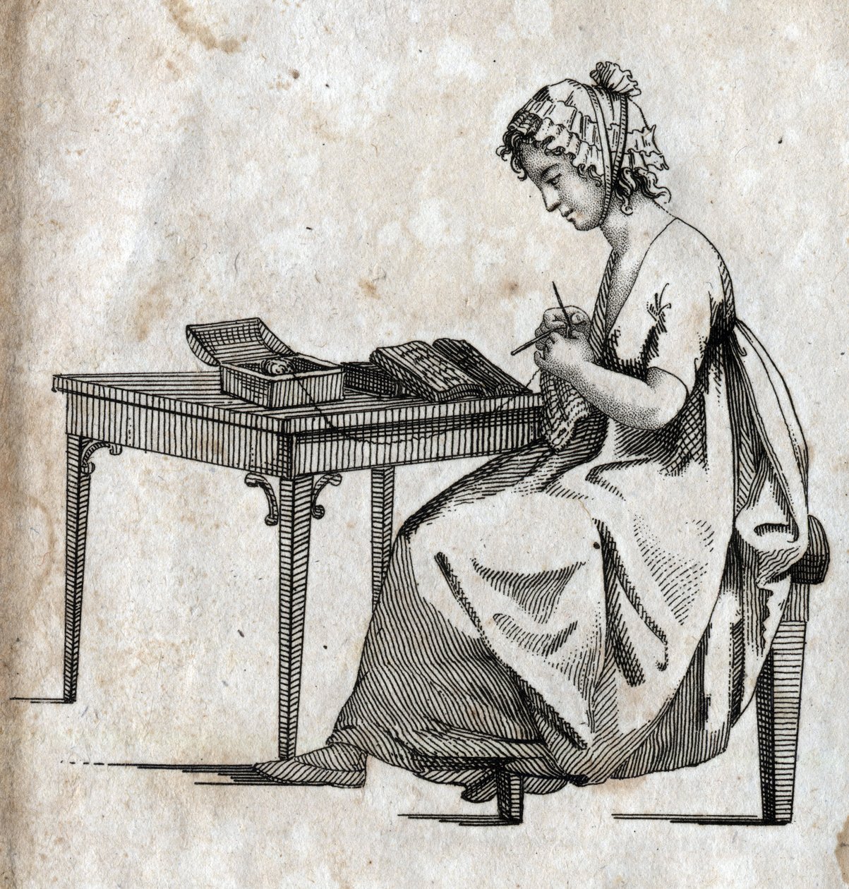 Strickmaschine: Frau beschäftigt sich mit dem Stricken von Wolle. Gravur späte 18. Jahrhundert. Private Sammlung. von Unknown artist