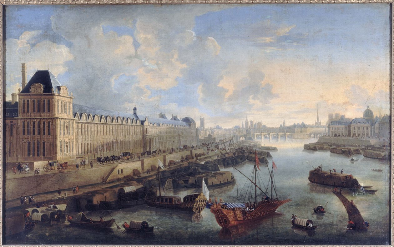 Die Große Galerie des Louvre, die Pont-Neuf, die Cité, das Collège des Quatre-Nations, ca. 1670, auf der Seine die königliche Galeere, heutige 1. und 6. Arrondissements, zwischen 1670 und 1685 von Unknown artist