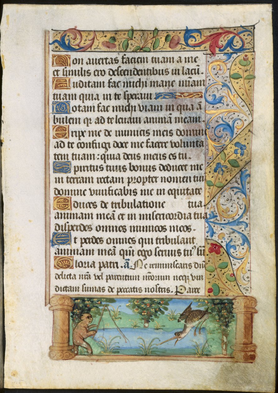 Blatt aus einem Stundenbuch: Affe fischt (verso) von Unknown artist