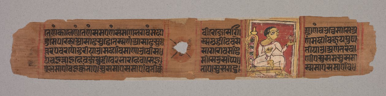 Blatt aus einem Jain-Manuskript: Kalpa-Sutra: Mönch hält eine Blume (Recto); Blatt aus einem Jain-Manuskript: Kalpa-Sutra: Text beschreibt den Abstieg von Mahavira in den Schoß der Brahmanenfrau Devananda (Verso) von Unknown artist