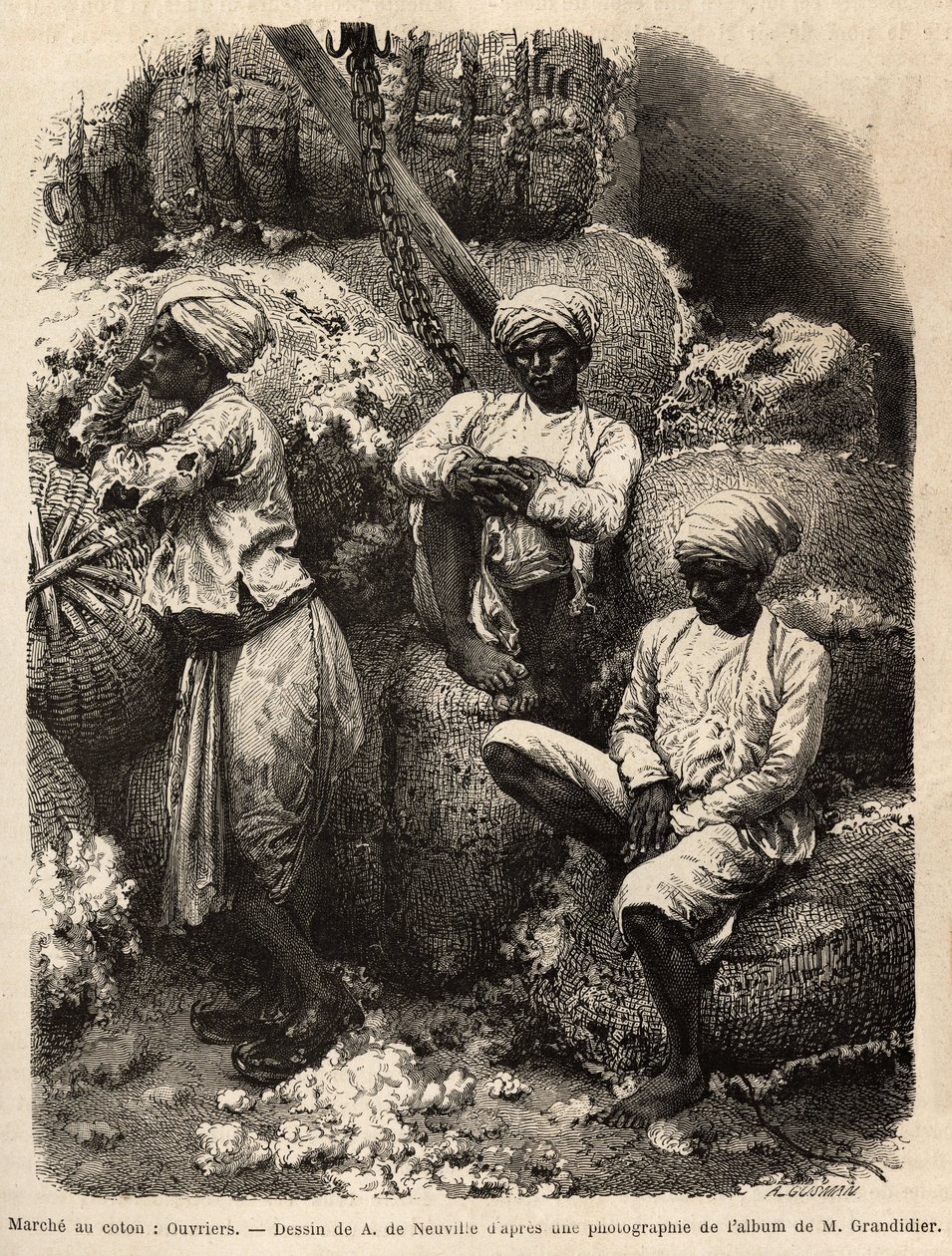 Die Parsi-Arbeiter ruhen sich auf dem Baumwollmarkt von Bombay aus. Gravur zur Illustration der Reise in die südlichen Provinzen Indiens, von Alfred Grandidier, 1862-1864, veröffentlicht in „Le tour du monde“, 1869, herausgegeben von Edouard Charton, Hache von Unknown artist