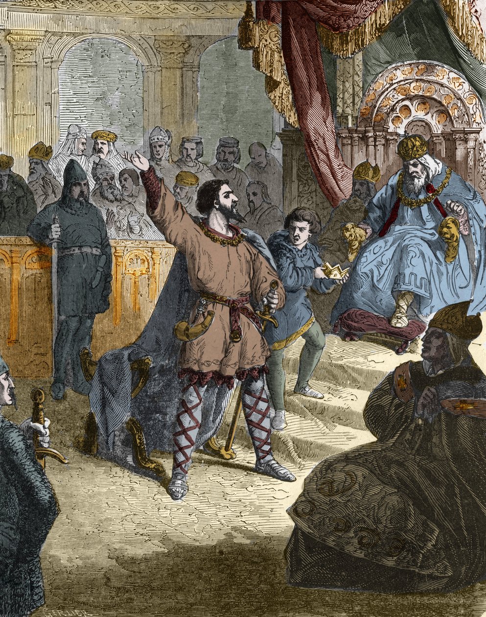 Ludwig IV. von Übersee (921 - 954), König von Frankreich auf dem Konzil (Synode) von Ingelheim in Deutschland 948 vor Otto I. des Heiligen Römischen Reiches (912-973). Gravur in „Histoire De France En Cent Tableaux von Paul Lehugeur“ 1891 von Unknown artist