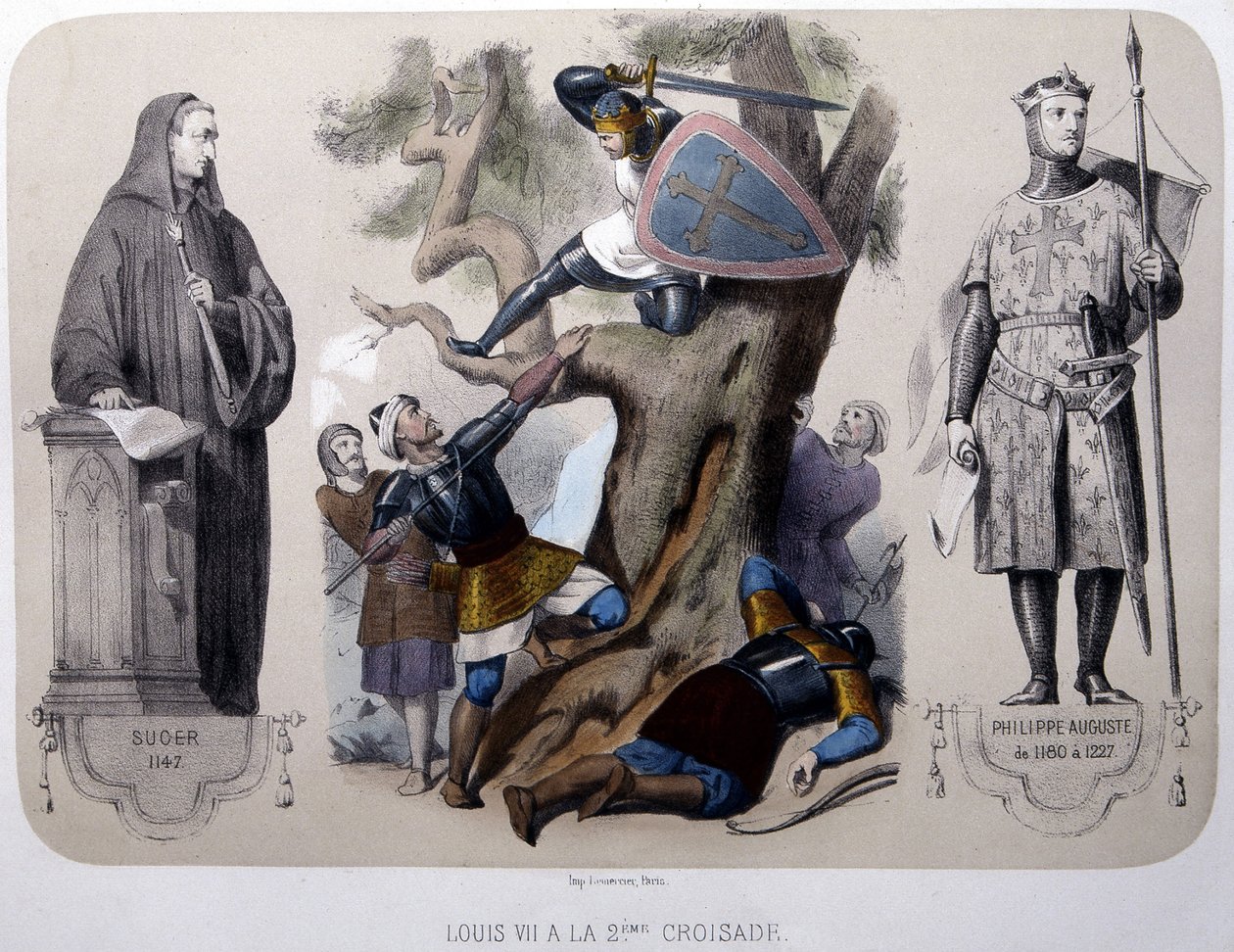 Ludwig VII. kämpft gegen die Sarazenen während des 2. Kreuzzugs - Lithografie, späte 19. Jahrhundert von Unknown artist