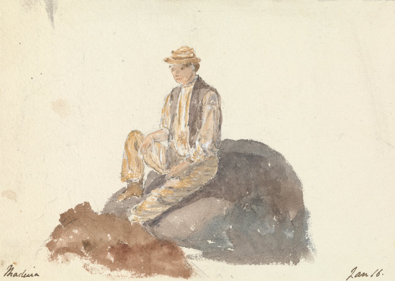 Mann, der auf einem Felsen sitzt (Madeira, 16. Januar) von Unknown artist