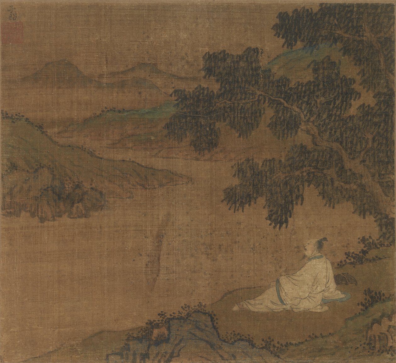 Mann auf einem Hügel unter einem Baum mit Blick auf einen Fluss von Unknown artist