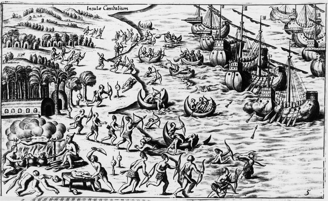 Begegnung zwischen den Leuten von Christoph Kolumbus und den Kannibalen - in „Nova Tipus Transacto Navigatio Novi Orbi“ von Philoponus Honorius von Unknown artist