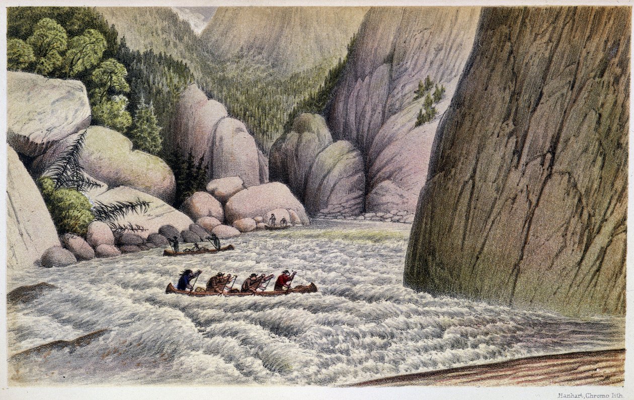 Männer im Kanu, die Stromschnellen hinunterfahren: „An escape at the fourth rapid“ - in „Exploration of the Labrador Peninsula“ von Hind, London von Unknown artist