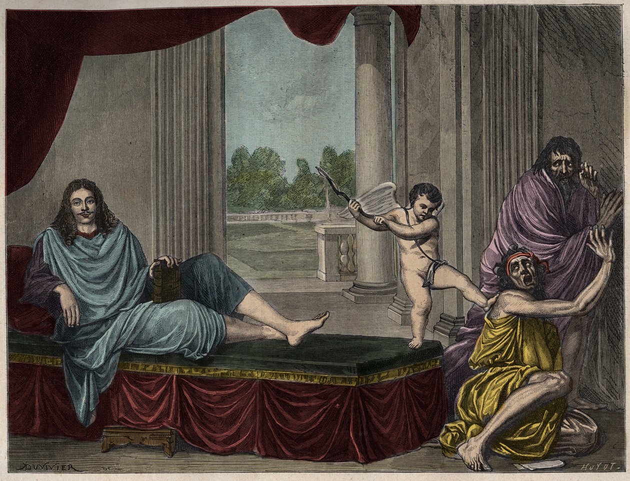 Moliere Jean Baptiste Poquelin (1622-1673) beschwört den Geist der Komödie, um das Laster zu stürzen und die Heuchelei zu entlarven - Gravur nach einem Gemälde, das im 17. Jahrhundert verschwand von Unknown artist