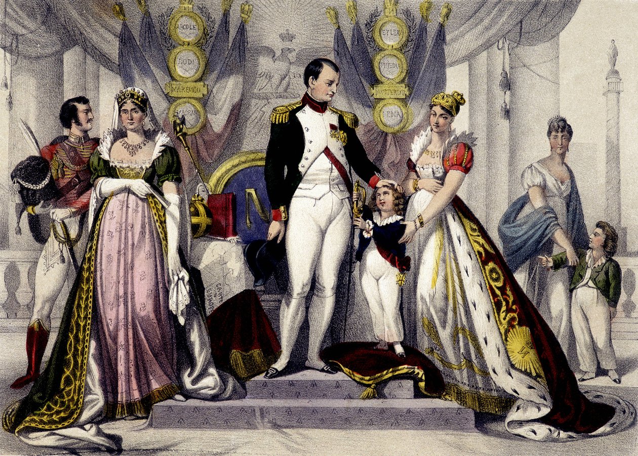 Napoleonische Dynastie von 1804 bis 1815. Josephine, Napoleon I., König von Rom, Marie Louise. Gravur des 19. Jahrhunderts von Unknown artist