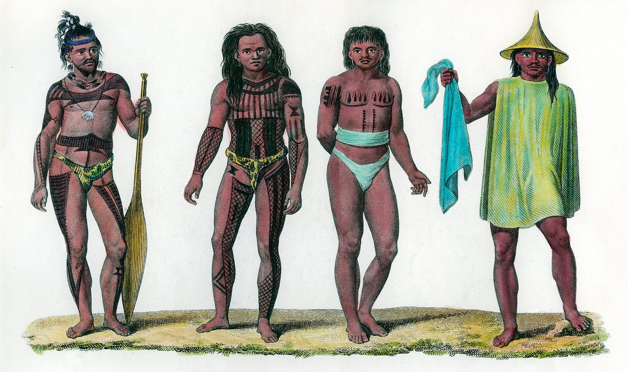 Natürliche Inseln von Iros Penelap und Aouara, Bevölkerung des ozeanischen Kontinents. Kupferstich des 18. Jahrhunderts. Private Sammlung. von Unknown artist