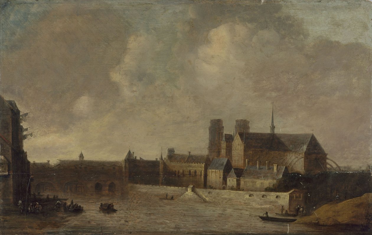 Notre-Dame und der Erzbischofspalast, gesehen vom Quai de la Tournelle, circa 1640, heutiger 4. Arrondissement, zwischen 1635 und 1645 von Unknown artist