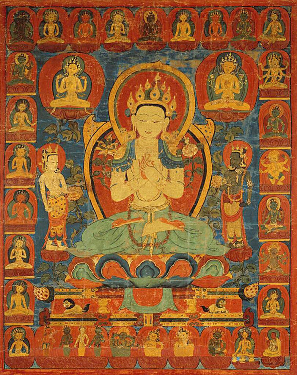Gemaltes Banner (Thangka) des Bodhisattva Maitreya umgeben von seinem Gefolge von Unknown artist