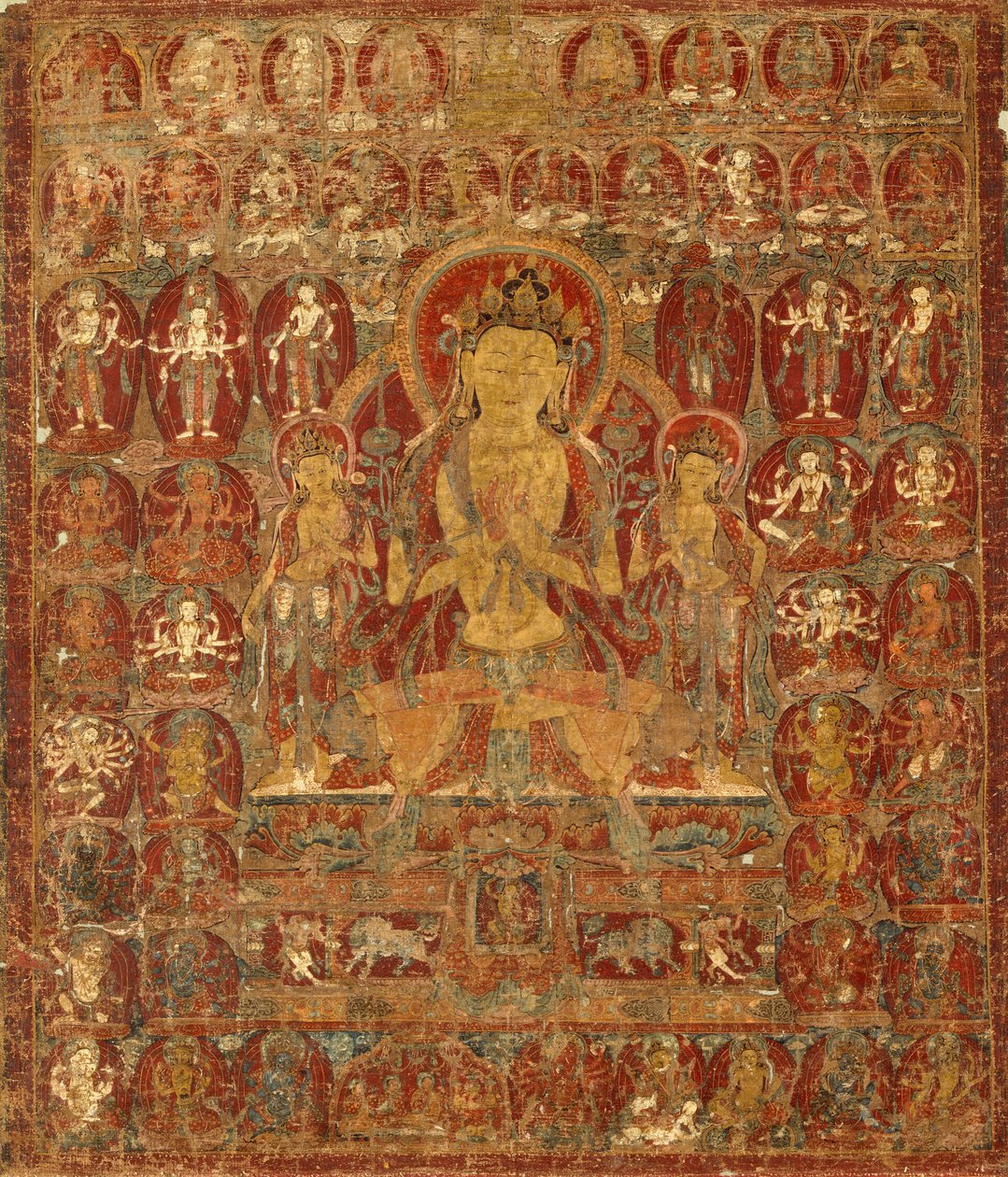 Gemaltes Banner (Thangka) des Bodhisattva Manjushri mit Vajrapani (rechts) und Padmapani (links) von Unknown artist