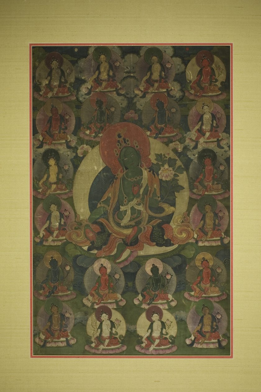 Gemaltes Banner (Thangka) von Grüner Tara umgeben von zwanzig Manifestationen von Unknown artist
