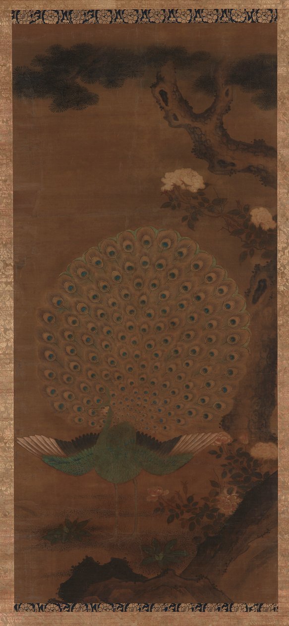 Pfau, Pfingstrosen und Kiefer von Unknown artist