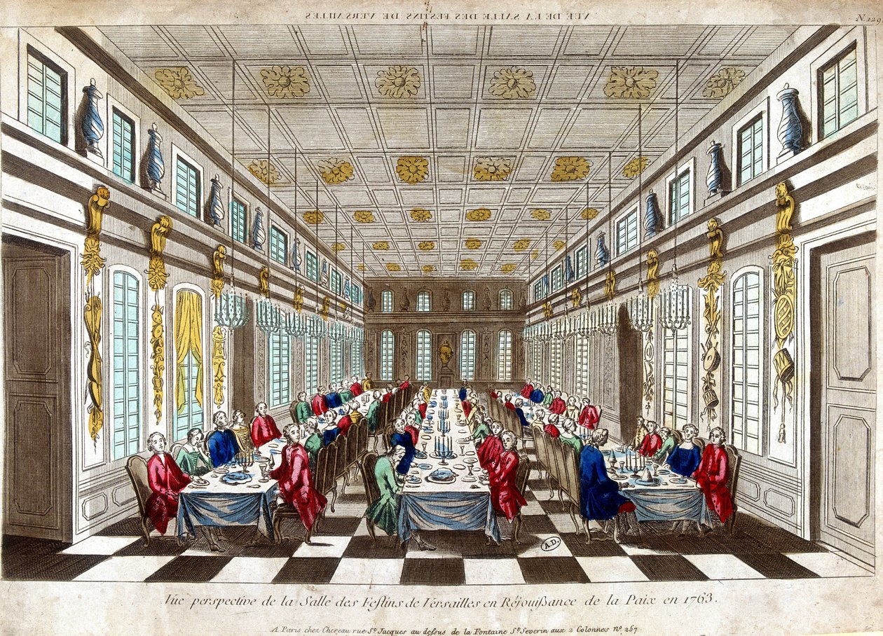 Perspektivische Ansicht des Festsaals von Versailles zur Feier des Friedens im Jahr 1763 zwischen Großbritannien, Frankreich und Spanien. von Unknown artist