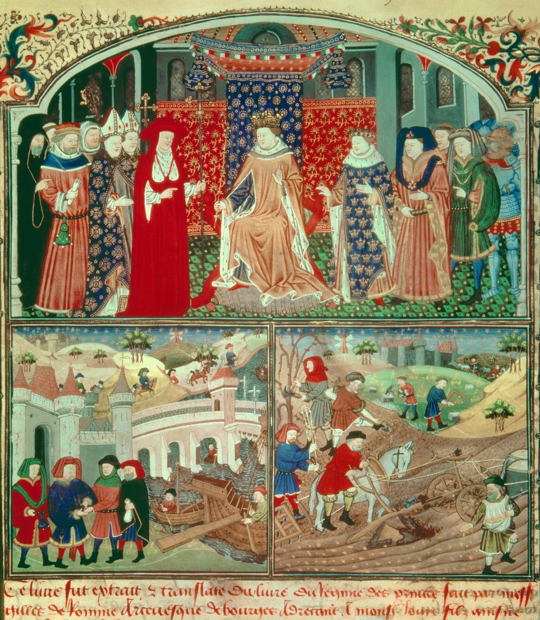 Philipp der Schöne (1268-1314) mit Pflügszene und Händlerszene. Miniatur in „Livre du régime des princes“ von Gilles de Rome (ca. 1247-1316), Paris, B N von Unknown artist