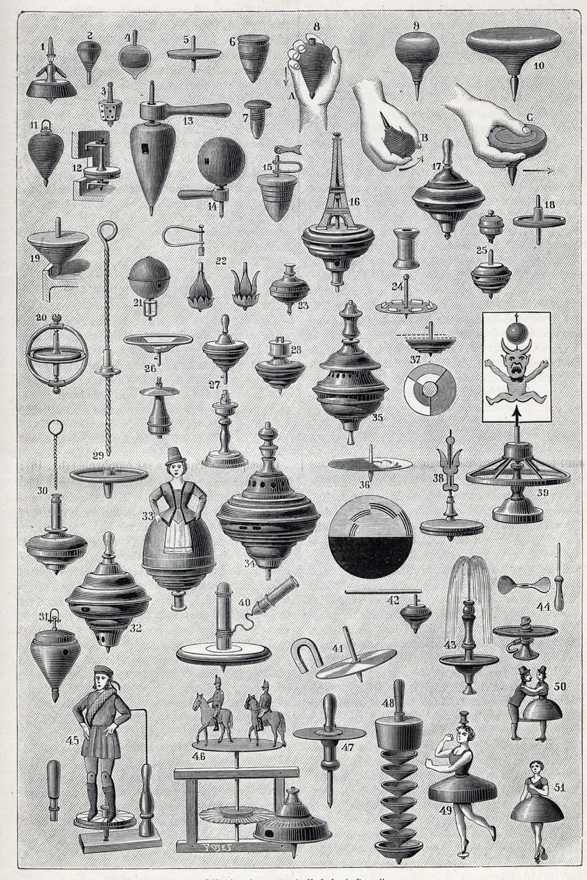 Tafel zeigt eine Sammlung von Spindeln mit verschiedenen Formen und Rotationssystemen. Gravur in „La Nature“ von Unknown artist