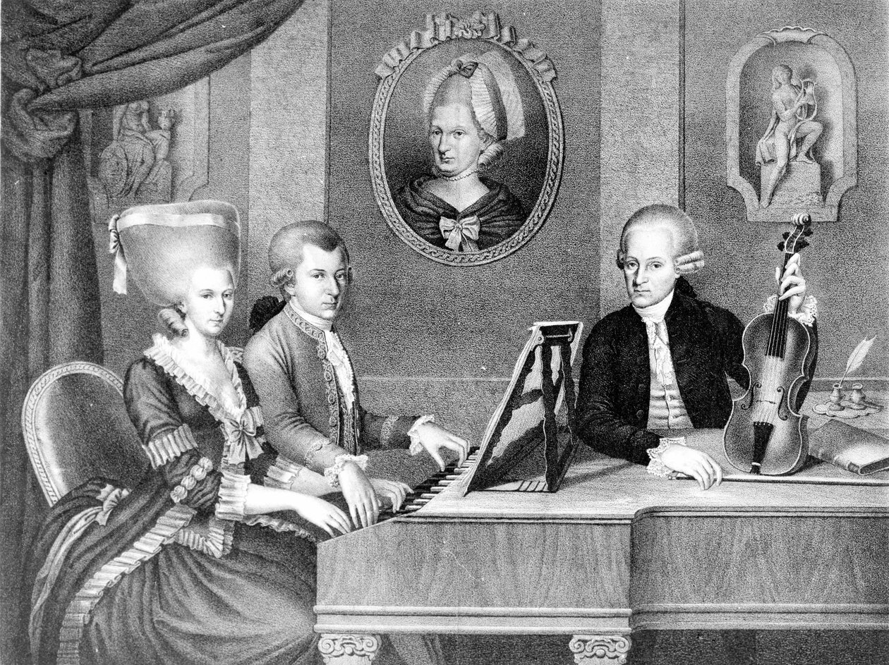 Porträt von Wolfgang Amadeus Mozart (1756 - 1791) zwischen seinem Vater und seiner Mutter. Lithographie des 19. Jahrhunderts. von Unknown artist