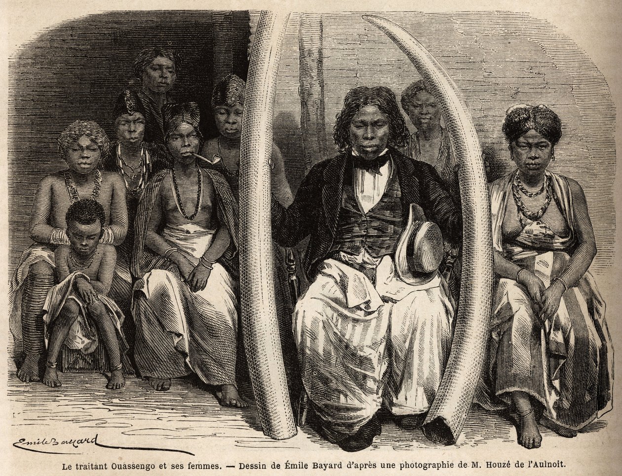 Porträt eines afrikanischen Elfenbeinhändlers, umgeben von seinen Frauen. Zeichnung von Emile Bayard, zur Illustration der Reise nach Gabun, 1861-64, von Dr. Griffon du Bellay. Gravur in „Le tour du monde“, herausgegeben von Edouard Charton von Unknown artist