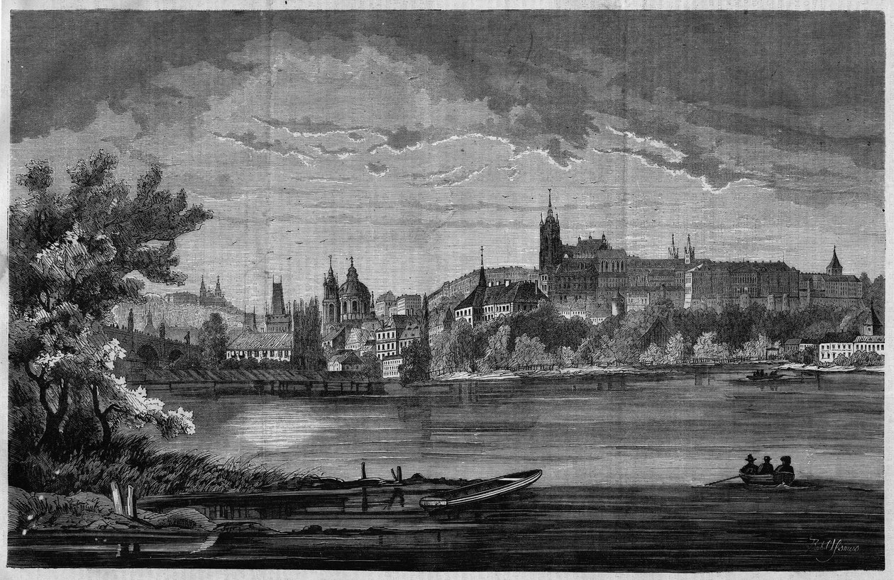 Prag, Blick auf das Kirchenviertel von St. Nikolaus de la Kleinseite und das Schlossviertel (Hradschin), das den Königspalast, 3 Kirchen, ein Kloster und den Veitsdom umfasst. In „Das illustrierte Universum“, 08.08.1866. von Unknown artist