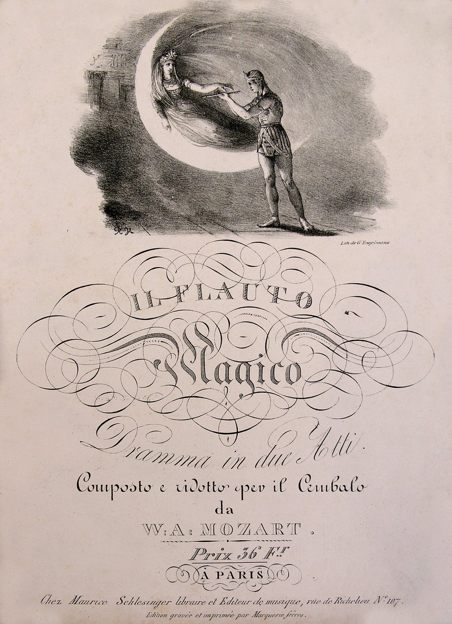 Prinz Tamino erhält die Zauberflöte der Königin der Nacht, Titelillustration des Partiturbuchs von "Die Zauberflöte" (1791) von W.A. Mozart (1756-1792). Leonard de Selva Sammlung. von Unknown artist