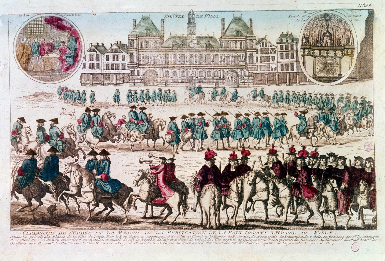 Prozession anlässlich der Friedensverkündungszeremonie vor dem Rathaus (Place de Grève). Gravur des 18. Jahrhunderts. B.N. Paris von Unknown artist