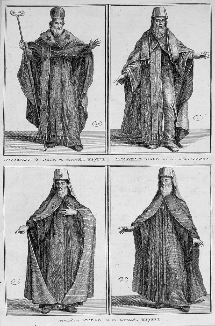 Darstellung eines Moskauer Bischofs in Alltags- und Zeremonialkleidung. Gravur von Unknown artist