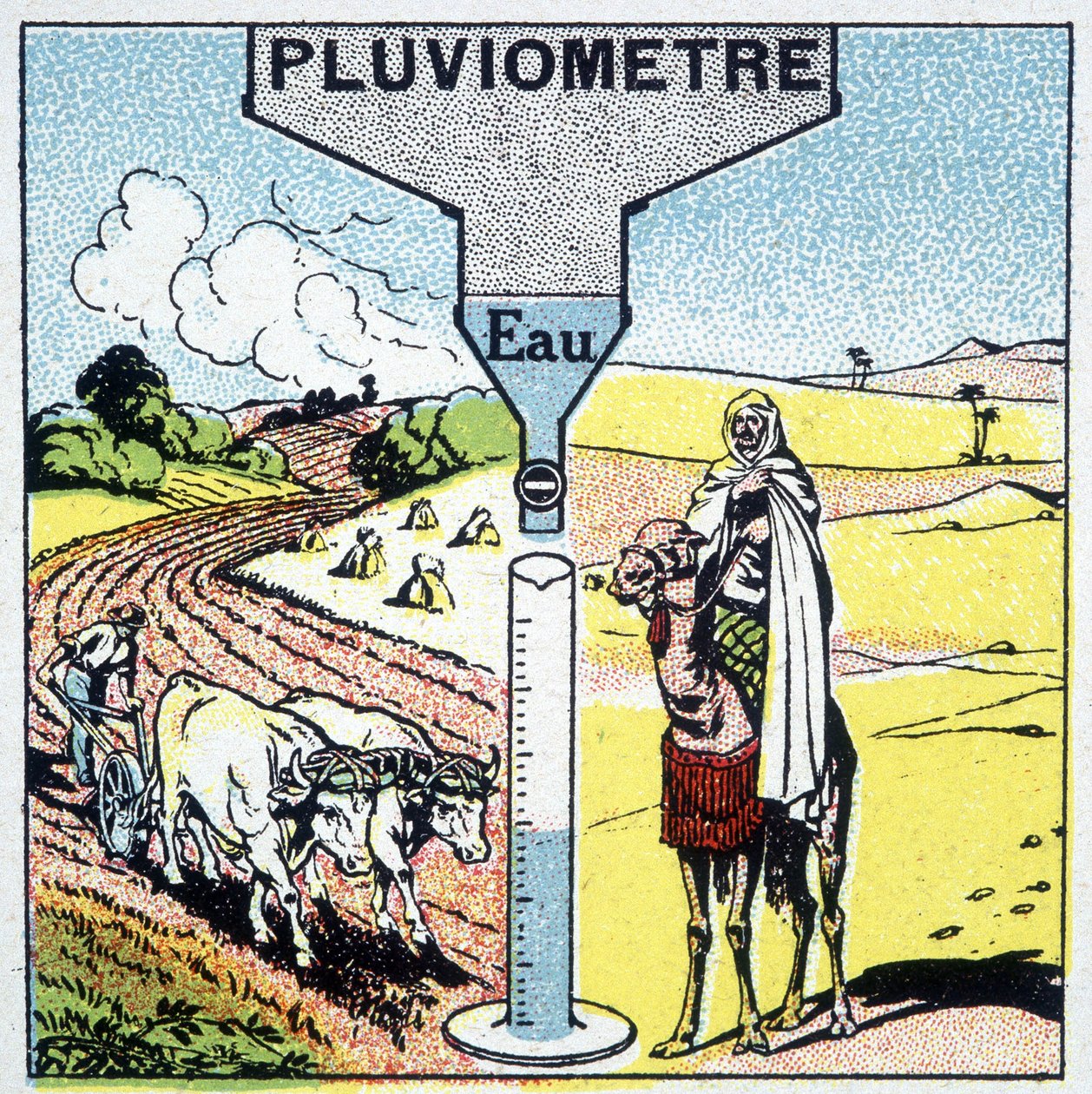 Darstellung eines Regenschauers und der Auswirkungen des Regens auf verschiedene Regionen und seinen Einfluss auf die Landwirtschaft. von Unknown artist