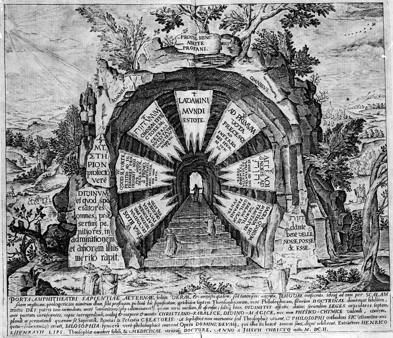 Darstellung des Eingangs des Hauses der Mysterien, symbolisch für das ewige Leben. Gravur des „Amphitheatrum sapientiae aeternae“. von Unknown artist