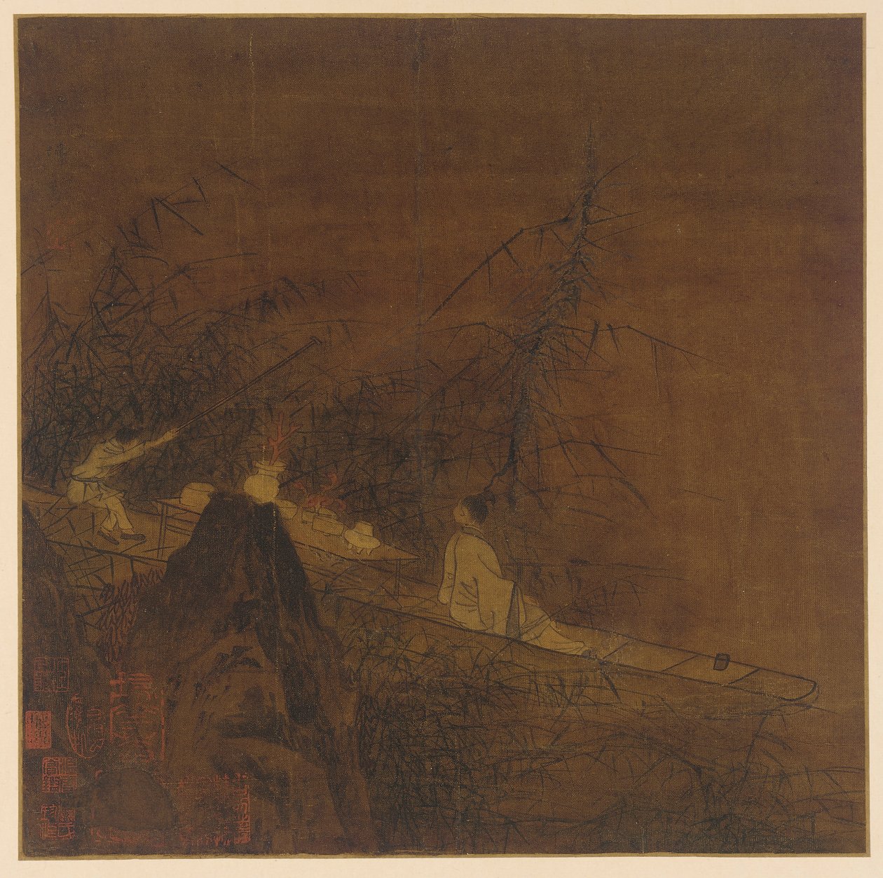 Flusslandschaft: Ein Boot unter wilden Bambus von Unknown artist
