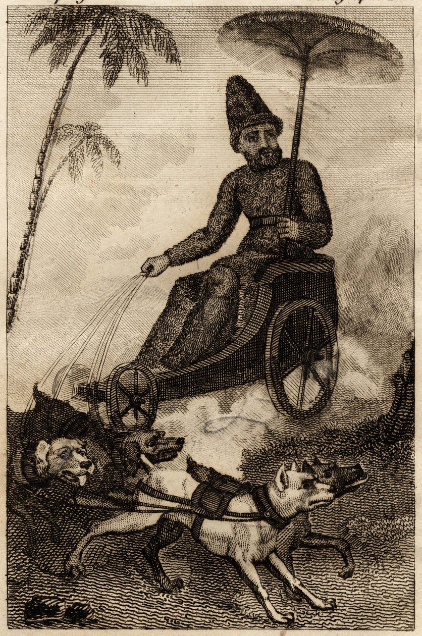 Robinson Crusoe auf seinem von sechs Hunden gezogenen Wagen, Gravur eingefügt in „Les aventures de Robinson Crusoe“ von Daniel Defoe von Unknown artist