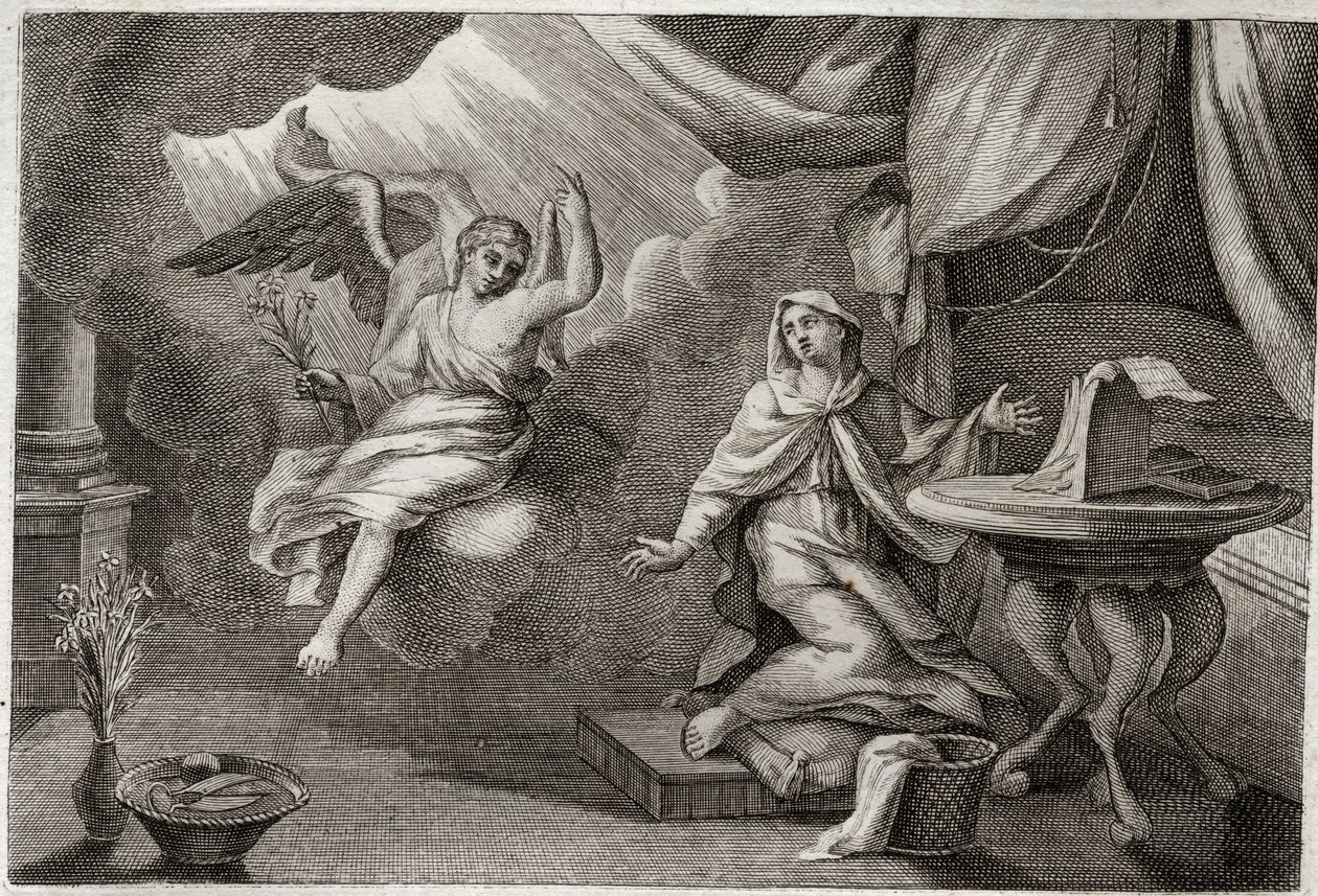 Royaumont-Bibel, Neues Testament: Verkündigung an die Jungfrau. Erzengel Gabriel ist gekommen, um Maria eine Botschaft zu überbringen. Illustration von 1811. von Unknown artist
