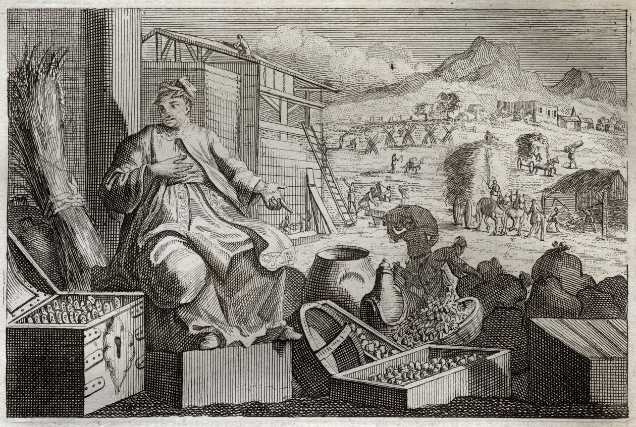 Royaumont-Bibel, Neues Testament: Das Gleichnis vom reichen Mann. Jesus Christus spricht gegen die Eitelkeit eines reichen Mannes, der sich über seinen großen Besitz freute und in der nächsten Nacht starb. Illustration von 1811. von Unknown artist