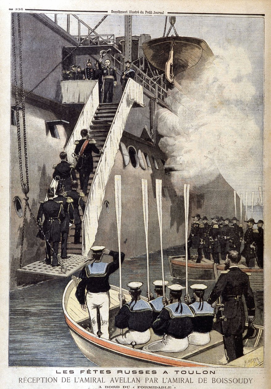 Russische Festlichkeiten in Toulon: Empfang von Admiral Avellan durch Admiral de Boissoudy an Bord der Formidable, in „Le Petit Journal“ vom 21. Oktober. von Unknown artist