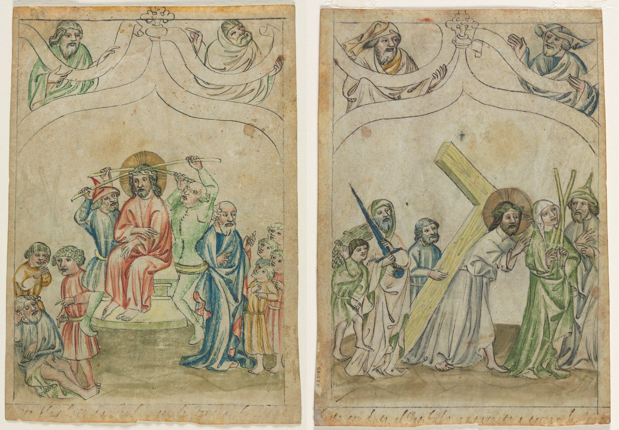Einzelblatt aus einer "Biblia Pauperum": Christus mit Dornenkrone (recto) Christus trägt das Kreuz (verso) von Unknown artist