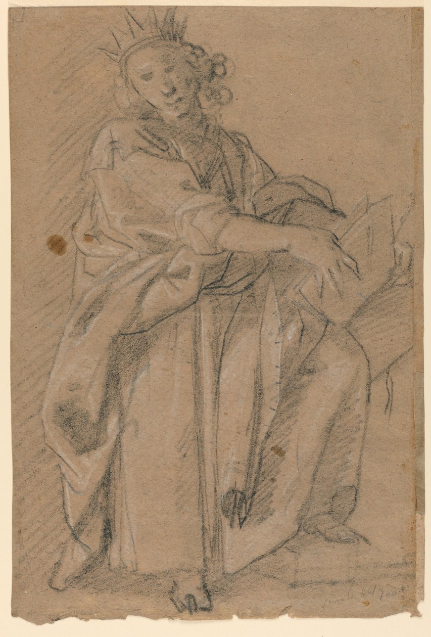 Skizze einer stehenden gekrönten Figur mit einem Buch von Unknown artist