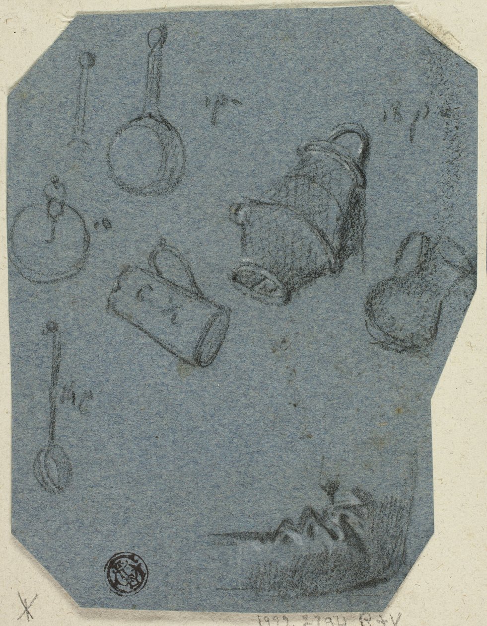 Skizzen von Küchenutensilien, Gebogener Arm (recto); Historische Szene (verso) von Unknown artist