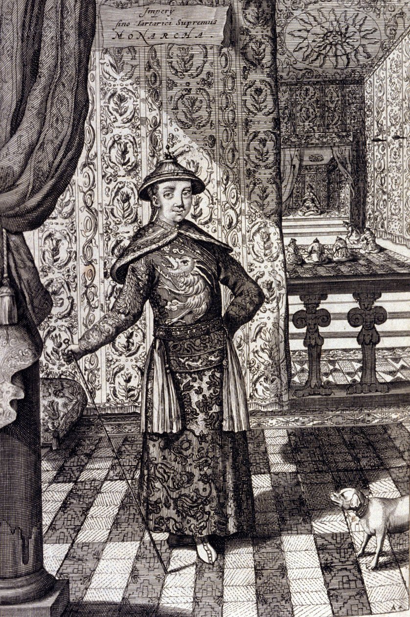Der chinesische Kaiser und oberste Herrscher der Tartaren - Chinesischer Kaiser Kangxi (1652-1722) Qing-Dynastie, Gravur von Athanasius Kircher (1601-1680) aus „China Monumentis, qua sacris qua profanis“ 1667 - Chinesischer Kaiser Kangxi (1652-1722) Qing-D von Unknown artist