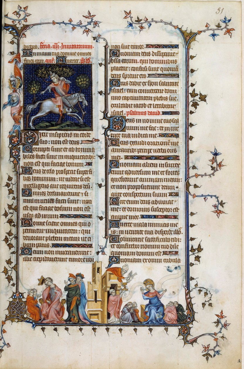 Der dänische Prälat und Staatsmann Absalon oder Axel (1128-1201), der Dänemark von Piraten befreite, stirbt aufgehängt an einem Baum. Darunter eine Allegorie des Wahnsinns, der Prophet Daniel erklärt seinen Traum König Nebukadnezar. Rechts, Szene des Sakra von Unknown artist