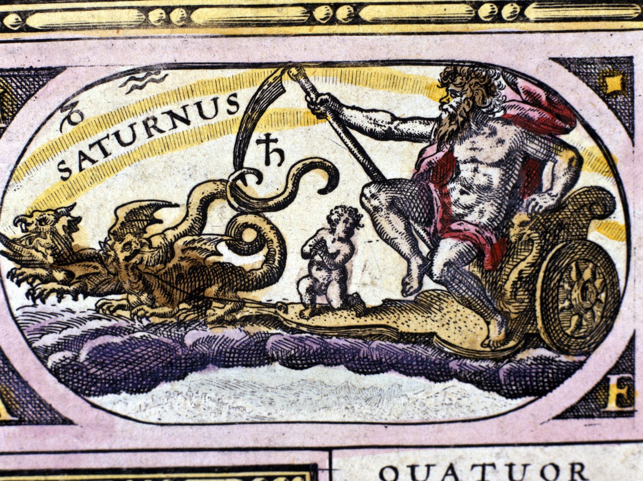 Der Gott Saturn (Kronos) auf einem von zwei Drachen gezogenen Wagen von Unknown artist