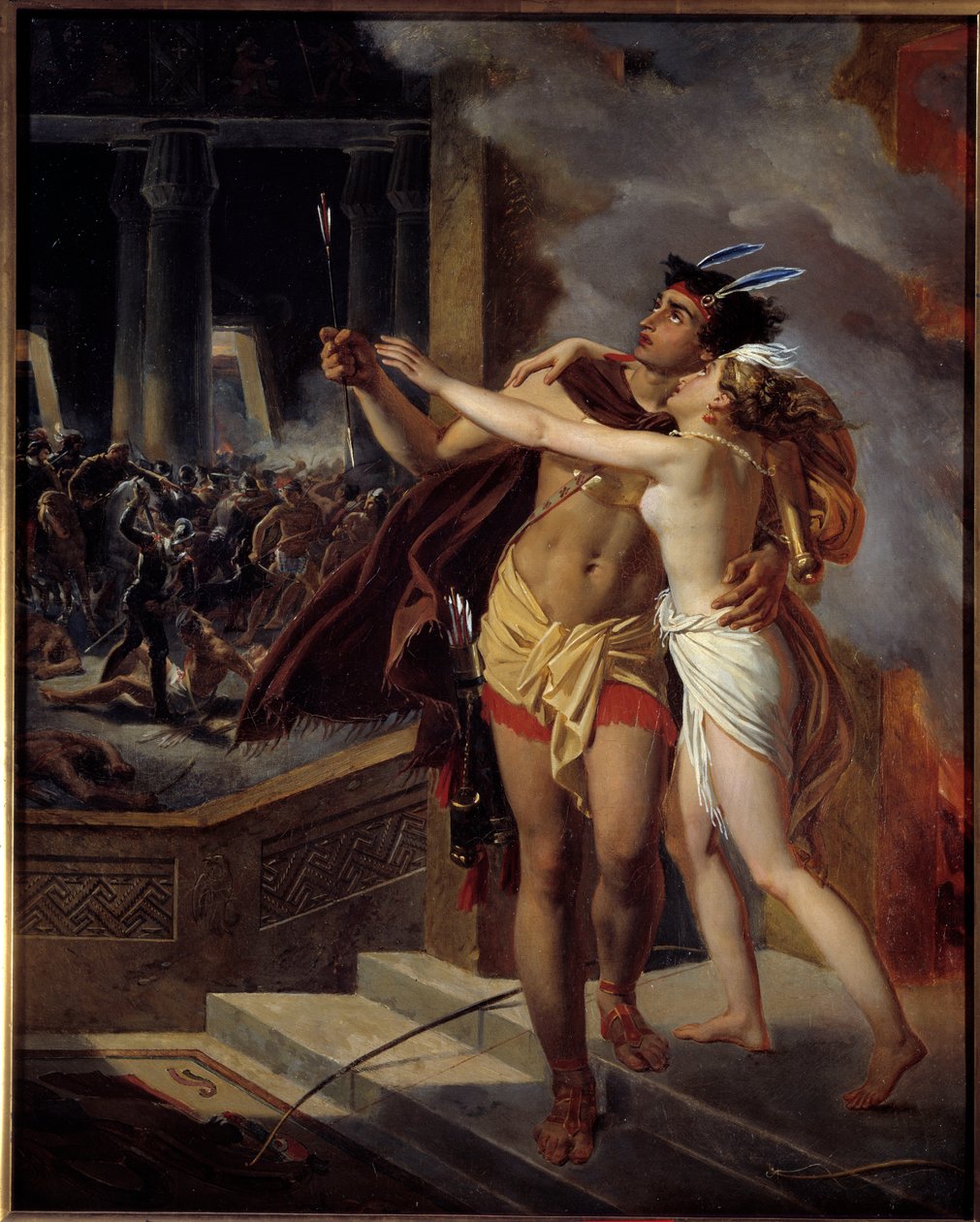 Die Inkas oder die Zerstörung des Inka-Reiches von Peru im 16. Jahrhundert durch die spanischen Konquistadoren. Illustration nach dem Roman „Die Inkas“ des Philosophen Jean Francois Marmontel. Gemälde der anonymen Schule. 18. Jahrhundert. La Rochelle von Unknown artist